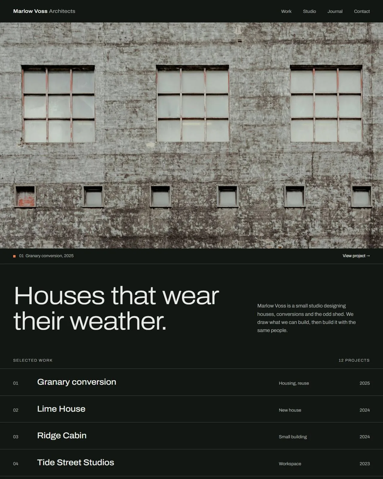 The top of a dark concept portfolio page for Marlow Voss Architects: the studio name and a four-item menu above a full-width photograph of a weathered concrete wall with three large windows, then the headline ‘Houses that wear their weather.’ and the start of a numbered list of selected work.