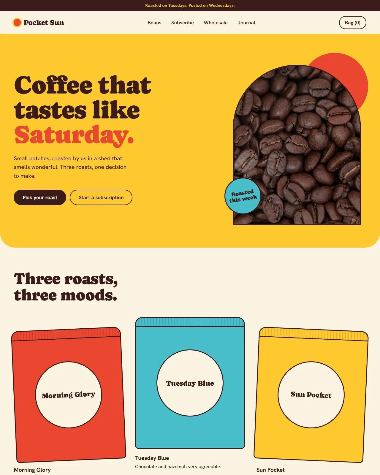 The top of a bright concept website for Pocket Sun Coffee: a strip reading ‘Roasted on Tuesdays. Posted on Wednesdays.’, a menu, and a yellow hero with the headline ‘Coffee that tastes like Saturday.’ beside a photograph of roasted beans in an arch, then the start of ‘Three roasts, three moods.’ with red, blue and yellow coffee bags.