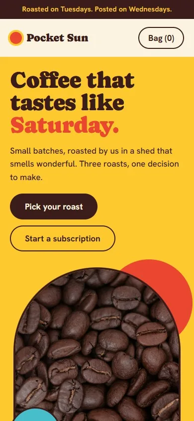 The same page on a phone: the headline, two buttons and the photograph of beans.